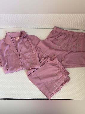 Juicy Couture 3-Pc S Satin Pajama Set Pink Rhinestone Logo Shirt Short Pant Y2K